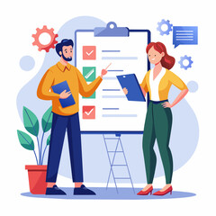 People and clipboard Man and woman standing in front of numbered list taking notes and presenting business plan. Flat design vector illustration with white background