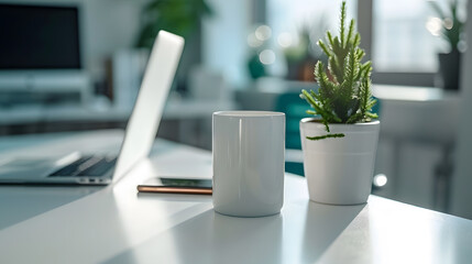 Close up view of comfortable office desk with laptop mug tree pot office supplies and copy space on...