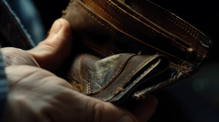 Fototapeta premium bankruptcy economic financial concept Person open his empty wallet without money to pay debt in payday : Generative AI