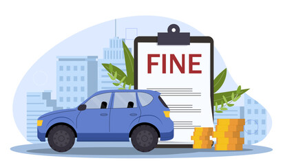 A blue car next to a large fine notice and stacks of coins, modern vector illustration on a cityscape background, concept of traffic fines.