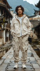 Fototapeta premium Spring 2024 new fashion men's clothing, real shots, Chinese male model,generative ai