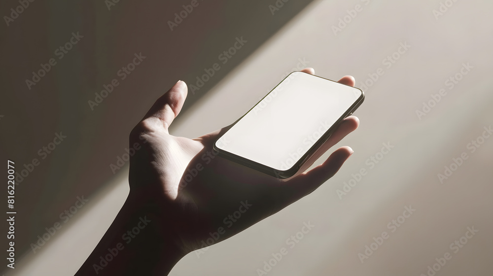 Poster Mobile Phone Mockup Image Screen as Empty Hand levitating a Blank Display Smartphone Clean and Minimal Styles : Generative AI