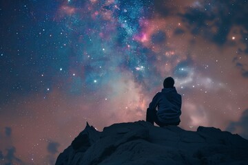 Man sitting on rock under colorful cosmic sky. Stargazing and observation concept. Adventure and discovery. Design for poster, wallpaper with copy space