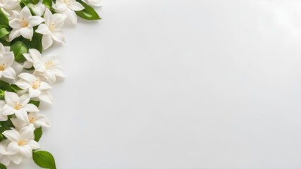 Fototapeta premium Jasmine blossom flowers in corner on Blank White Empty Background Copy Space, Generative AI illustration