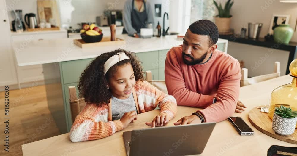 Poster dad, girl and smile with laptop for teaching with research to study or read for knowledge, education