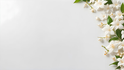Jasmine blossom flowers in corner on Blank White Empty Background Copy Space, Generative AI...