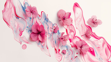 Creative layout made of floral elements and pink and blue watercolor fluid shapes and splashes isolated on white background. Dynamic abstract blooming concept. Decorative wallpaper