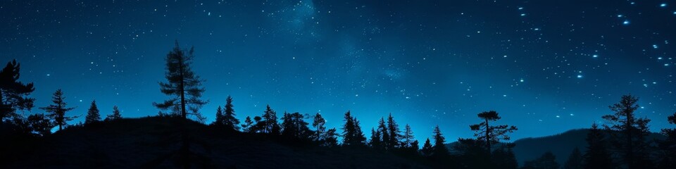 Panoramic view of starry sky over forest silhouette. Stargazing and observation concept. Adventure and discovery. Design for poster, wallpaper, banner 