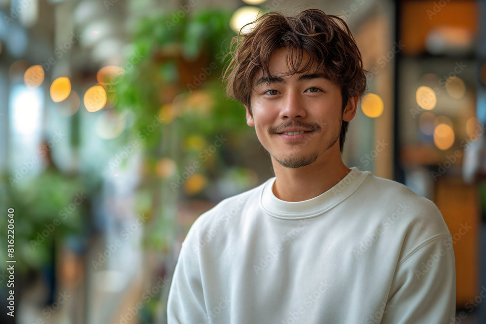 Sticker Young asian man smiling in white sweatshirt in room with green plants, big window and warm lighting