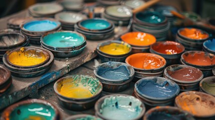 Colored enamel samples for ceramic artwork handling in a studio setting with clay and wood crafting process