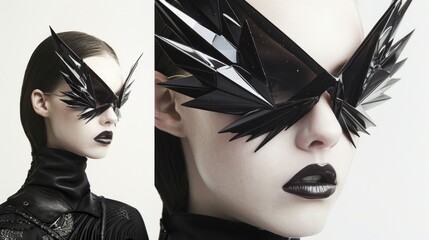 A woman with black hair sporting spikes on her face like a fierce warrior, exuding confidence and edgy fashion style.