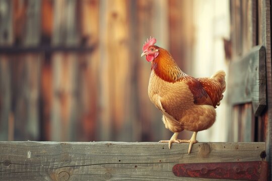Vibrant, healthy hen captured in warm morning light, standing on rustic farm fencing - Powered by Adobe