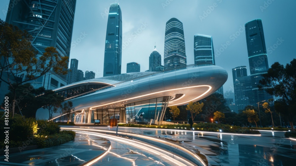 Poster light trace of modern architecture background in shenzhen financ