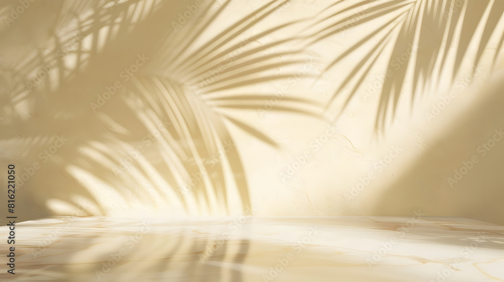 Aufkleber tropical palm tree shadow on cream wall and luxury marble table for product placement natural layout