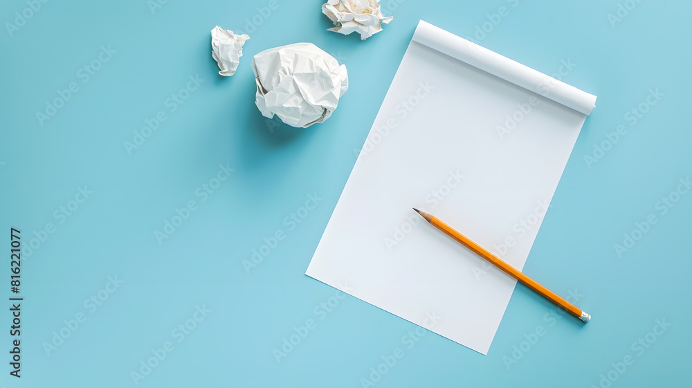 Aufkleber empty copy space white paper with pencil above blue background : generative ai