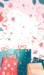  Ecommerce poster background, flat style, simple and cute shopping bags with ribbons, confetti and gifts, pink color scheme, cartoon illustration style, high resolution, white space in the middle of 