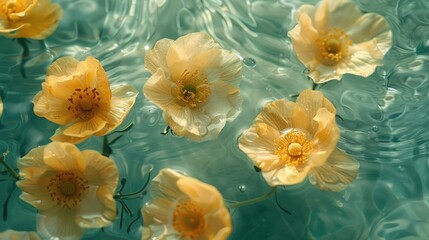 Pale Yellow Buttercups Floating on Shimmering Aqua Water with Glowing Light Effect