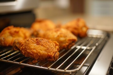 Juicy fried chicken pieces fresh from the oven, on a metal rack with a warm glow