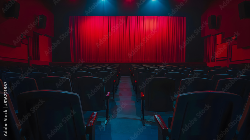 Aufkleber Darkened empty movie theatre and stage with the red curtains drawn viewed over rows of vacant seats from the rear : Generative AI