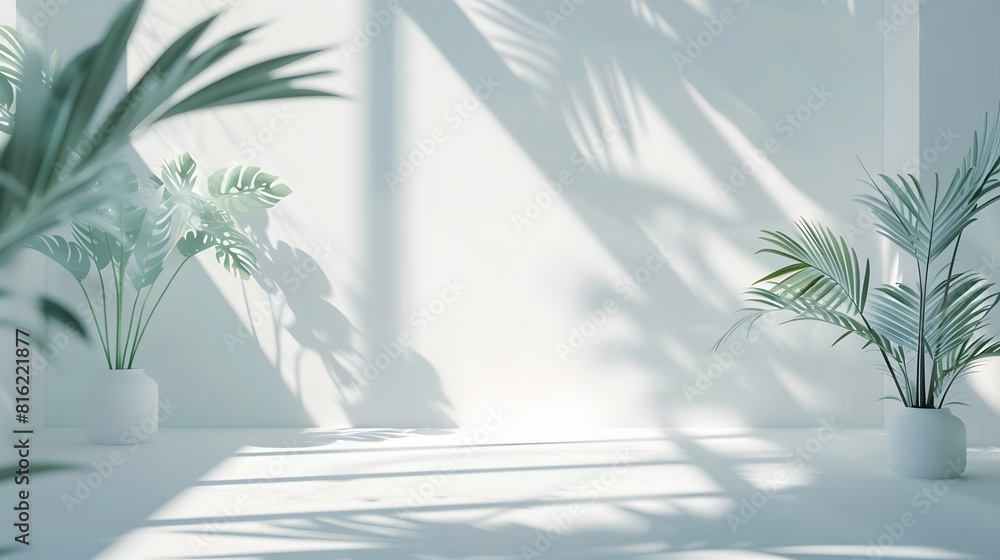 Fototapete Abstract white studio background for product presentation Empty room with shadows of window and flowers and palm leaves  3d room with copy space Summer concert Blurred backdrop : Generative AI