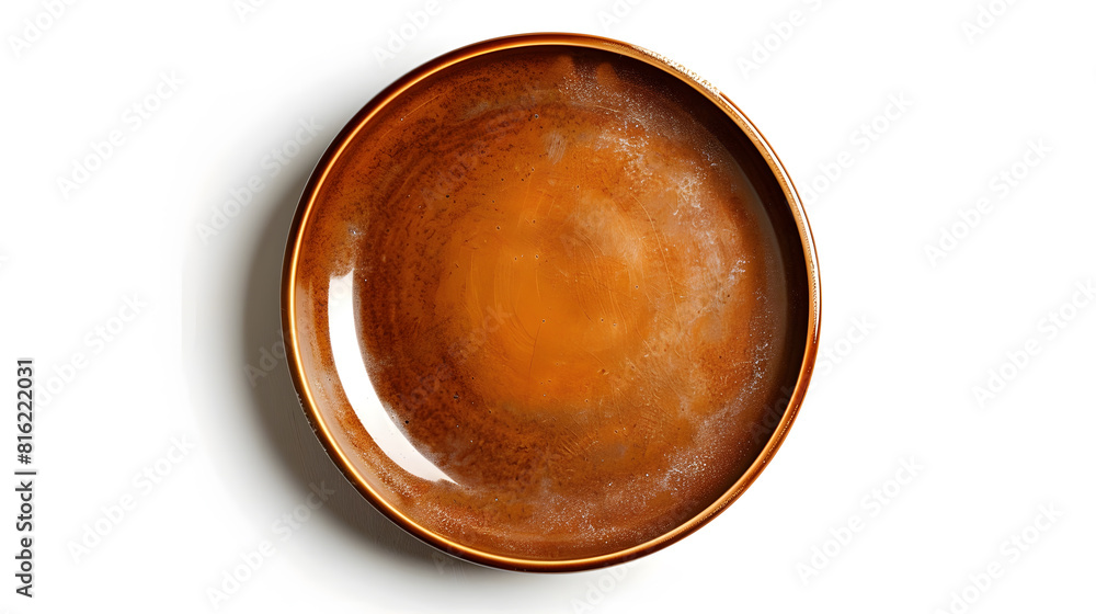 Poster Empty plate top isolated on white background Round brown rustic dish above view : Generative AI