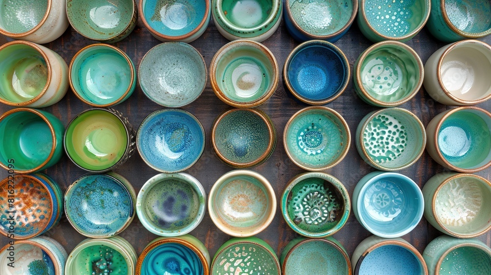 Poster a table topped with various bowls filled with different saucer spoons on top of a wooden table