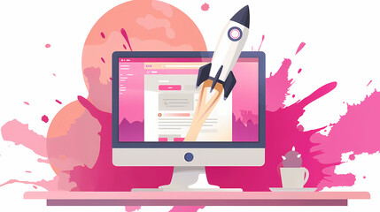 Vector Art: Computer on Desk with Website Rocket Launch - Pink Splash on white Background