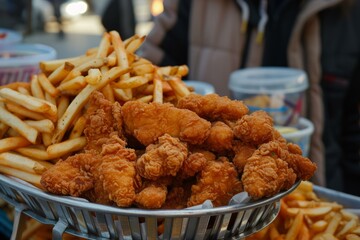 Closeup of appetizing fried chicken and french fries served at a street market