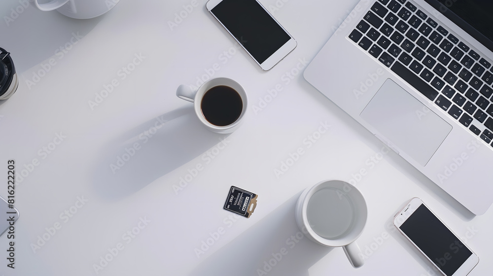 Aufkleber White Working table desk with laptop smartphone coffee mug memory card on white background Flat lay top view copy space : Generative AI