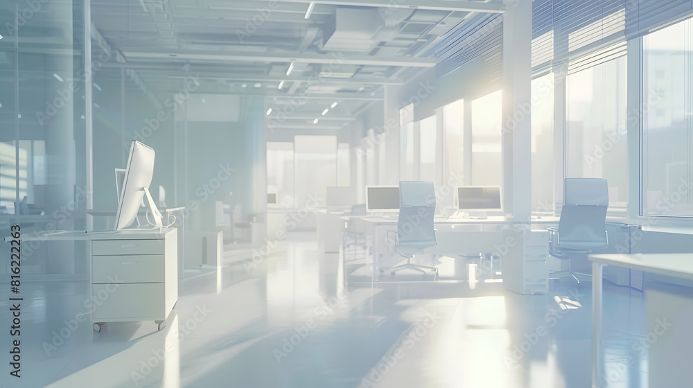 Poster modern empty elegant office with windows and workplaces mixed media : generative ai