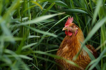 Vibrant image capturing a brown hen amidst lush green grass, showcasing natural poultry life