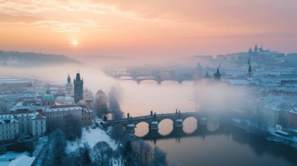 Charles bridghe with beautiful historical buildings at sunrise in winter in Prague city in Czech Republic in Europe.
