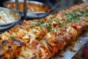 Juicy grilled chicken on skewers topped with herbs and spices, street food style