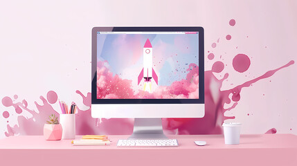 Vector Art: Computer on Desk with Website Rocket Launch - Pink Splash on Pink Background