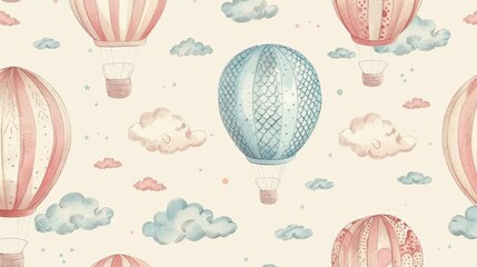 Vintage hot air balloon pattern on pastel background
