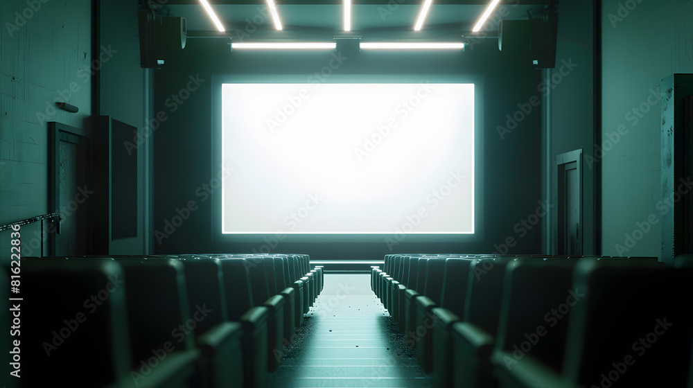 Fototapete empty cinema auditorium with empty white screen empty rows of theater or movie seats : generative ai