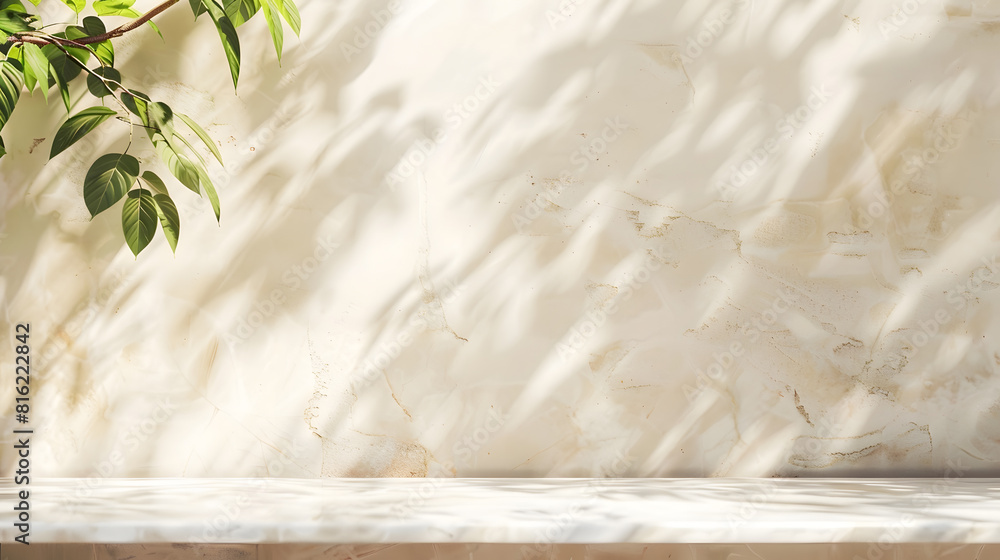 Poster minimal empty white marble stone counter table top green tree in sunlight leaf shadow on beige brown