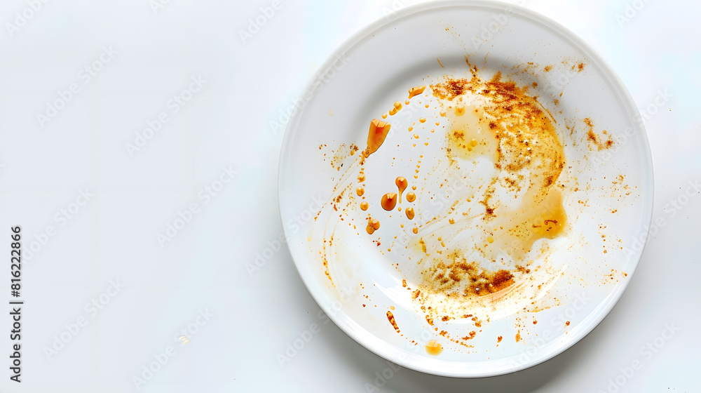 Aufkleber dirty plate isolated empty bowl after dinner finished lunch oil and smeared sauce on white plate bac