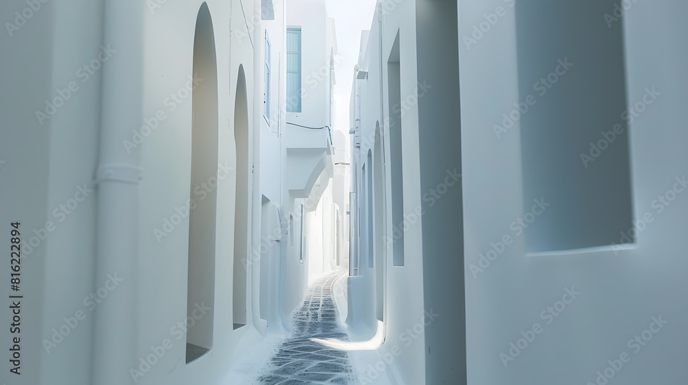 Poster a vertical shot of a narrow pathway in the middle of white buildings : generative ai