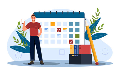 A cartoon man holding a smartphone stands in front of a large scrum board, pencil, and books. Flat vector illustration, concept of planning