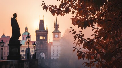 Fototapeta premium Autumn foliage with beautiful historical buildings of Prague city in Czech Republic in Europe.
