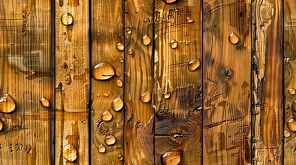   A wooden fence with water droplets on its planks and a stop sign nearby