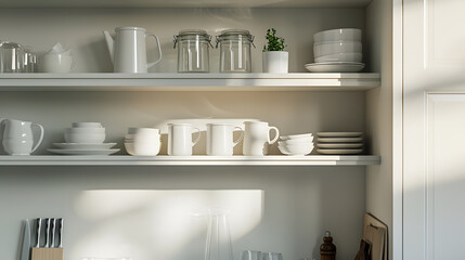 Empty cupboard with shelves on light wall in kitchen : Generative AI