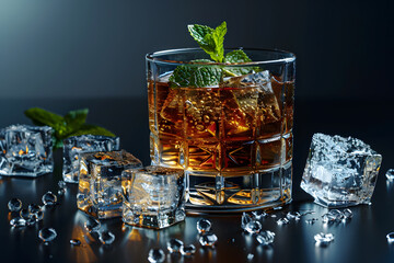 Sparkling whiskey on the rocks with fresh mint