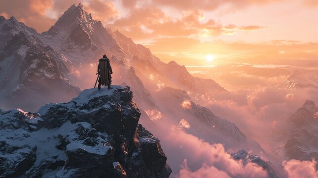 Misty mountain with a medieval warrior on top. Fantasy and adventure concept.