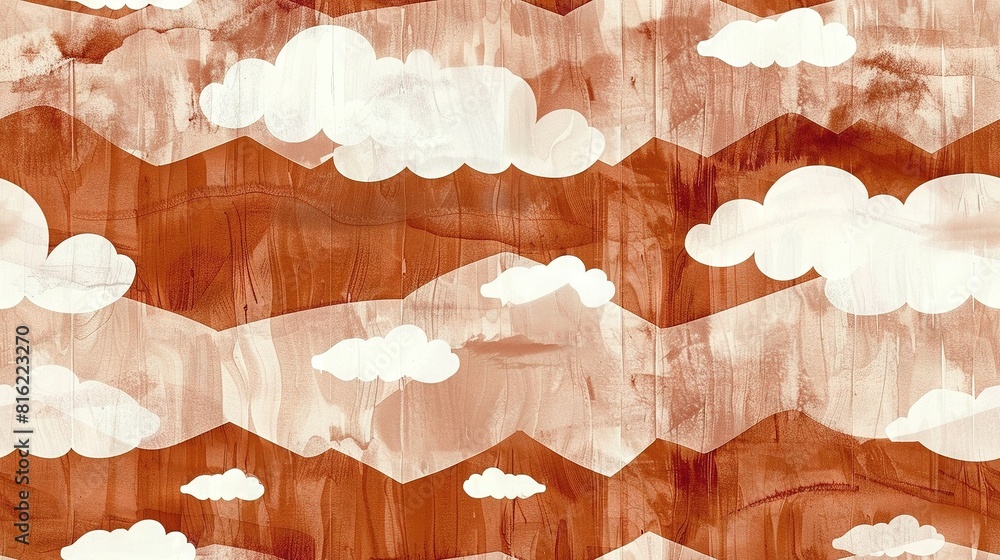 Poster a mountain range with white clouds in the sky and a red sky with white clouds in the background