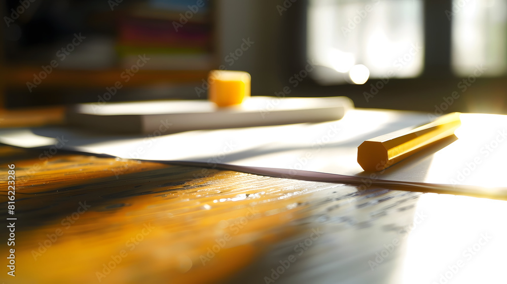 Aufkleber pencil eraser and papers on wooden table : generative ai