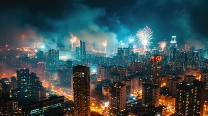 Fototapeta premium Beautiful fireworks show over city to celebrate Chinese lunar new year.