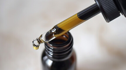 Obraz premium closeup shot of an oil dropper with amber liquid being poured into the bottle, highlighting its quality and natural ingredients for industrial use or health product advertising