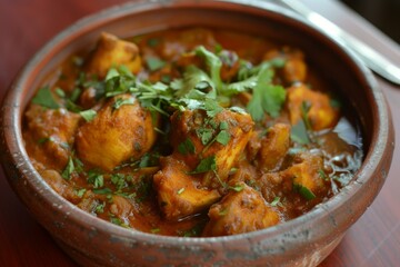 Closeup of traditional indian chicken curry garnished with cilantro, served in a rustic clay bowl